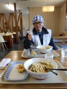 My first udon, in the prefecture (Kagawa) where they originated. I made friends with Kazu, a motorcycle henro-san, and we grabbed an udon lunch together after temple 79. 